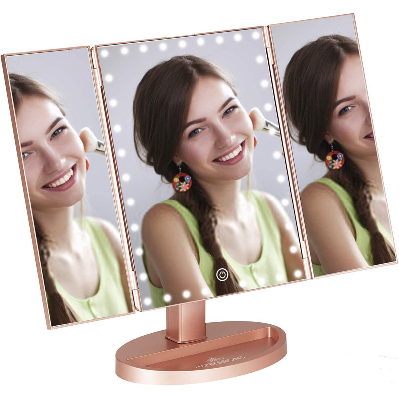 Touch Trifold XL Dimmable LED Makeup Mirror with Standing Base Vanity Dressing Mirror with USB Cable, Rose Gold
