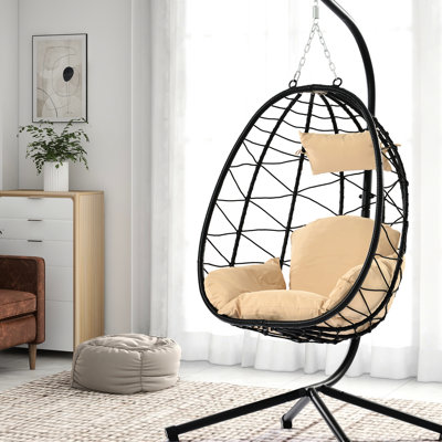Fauteuil à suspendre pour l'extérieur: coussin beige, pe. Élégant pour le balcon de la piscine, panier de jardin confortable
