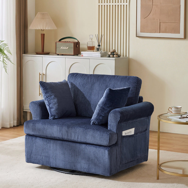 Swivel Corduroy Barrel Chair Accent Chair with Turntable and Side Storage Pocket for Living Room, Blue Corduroy