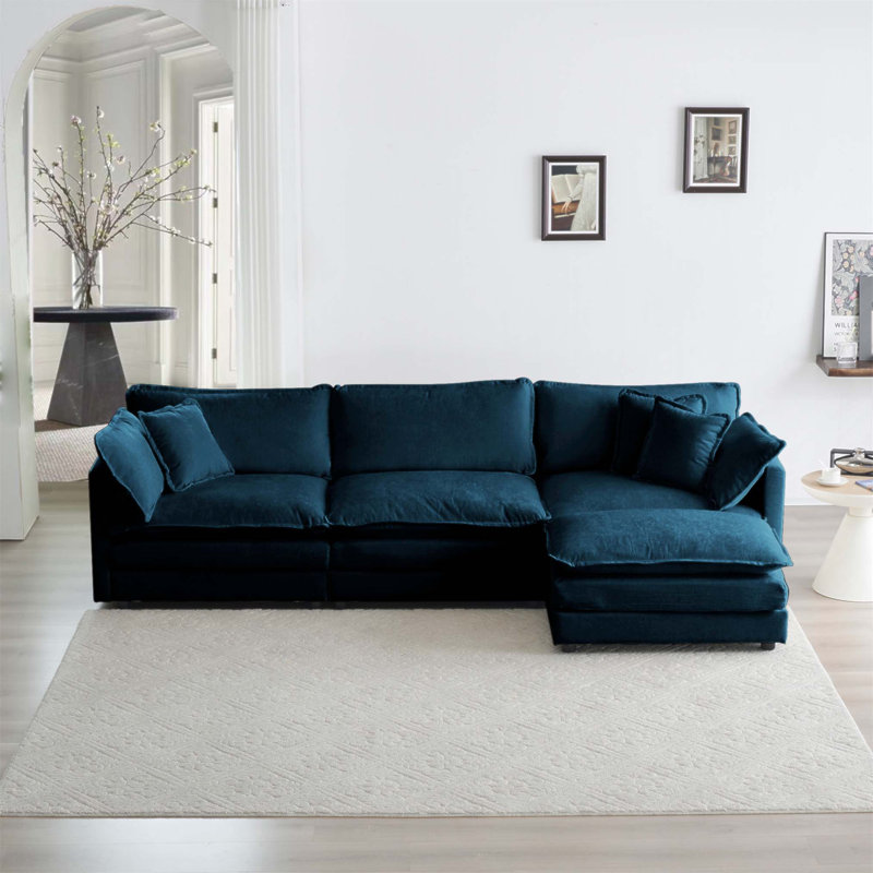Free Combination Comfy Chenille Upholstery Modular Oversized L Shaped Sectional Sofa with Reversible Ottoman, Blue