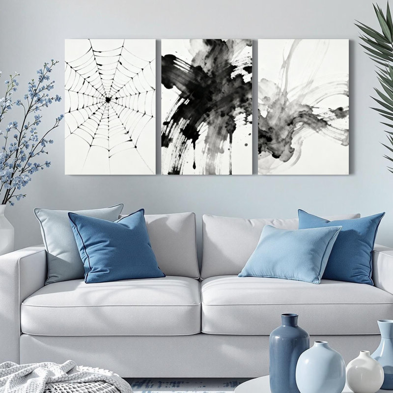 Toile d'araignée et toile abstraite Splash, reproduction d'art sur toile, impression d'art moderne noir et blanc (ensemble de 3)