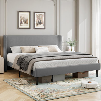 Full Bed Frame with Headboad and Wingback, Elegant vertical stripe design Velvet Upholstered Bed frame with 2 Storage Pockets, Sturdy Wood Slat Support,Full Bed Easy Assembly,Light Grey
