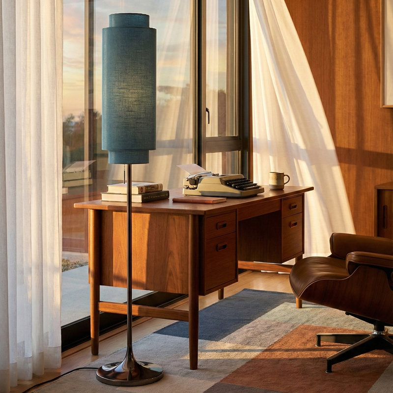 Lollipop Floor Lamp - Black Nickel,  Linen Double Shade, On/Off Pull Chain, Sky Blue