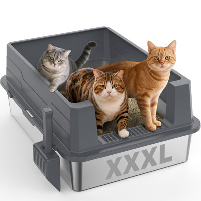 XXXL Stainless Steel Cat Litter Box with High Sides, Leak-Proof & Non-Stick Design, Perfect for Large Cats and Multi-Cat Households, Gray Open-Top
