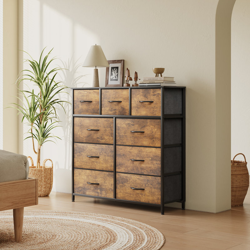 Hurd 9 Drawer Fabric Dresser with Wood Grains, Light Gray