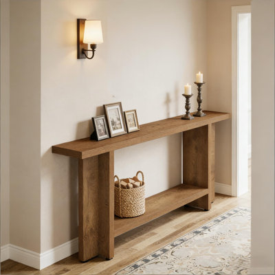Console de rangement rustique à double couche avec panneau de fibres à densité moyenne durable et pieds triangulaires élégants pour les entrées et les couloirs