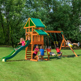 Backyard Discovery Tucson Cedar Wood Swing Set with Wave Slide, Play Deck, Rock Wall Ladder, and Snack Bar Window