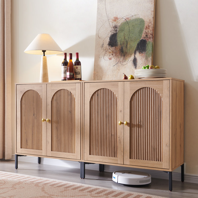 Buffet moderne cannelé avec rangement, Naturel, Two pieces, H 34 po x l 61,76 po x P 15,75 po