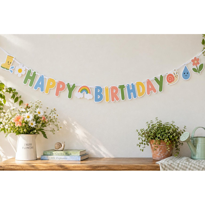 Bannière d'anniversaire jardin après la pluie
