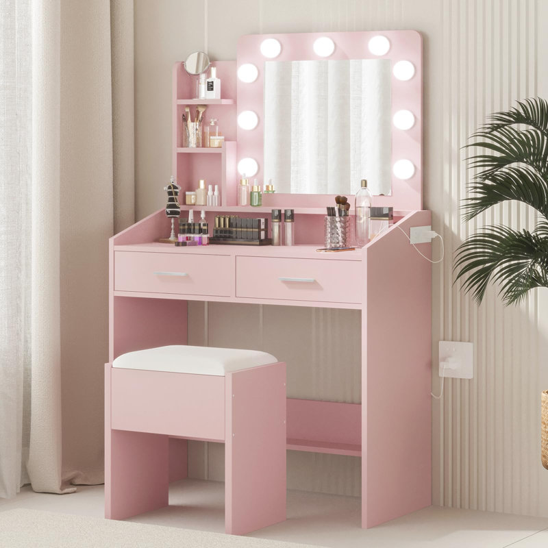 Bureau de coiffeuse moderne avec grand miroir, lumières DEL à intensité variable, prise de courant et 7 tiroirs, Rose
