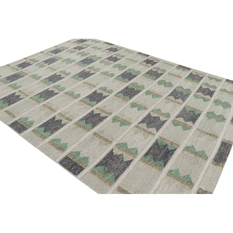 Rug & Kilim’S Scandinavian Rug With Geometric Patterns In Tones Of Green, Rectangle 10' x 14'