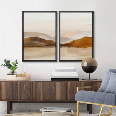 Abstract Landscape Neutral Watercolor Brown Mountain Artwork Framed Canvas 2 Pieces Print Wall Art