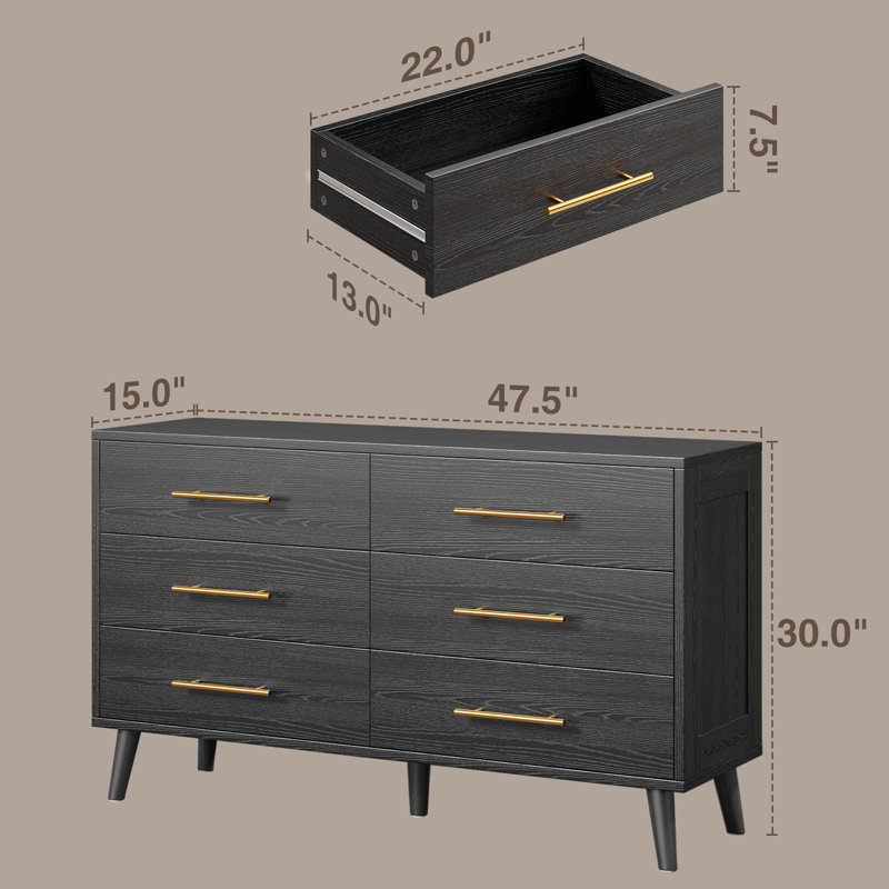 6 Drawer Dresser For Bedroom, Chest Of Drawers With Metal Handles