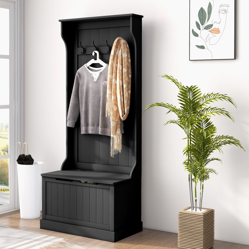3-In-1 Entryway Hall Tree With Storage Bench, Coat Rack With Four Hooks And Shoe Storage, Black