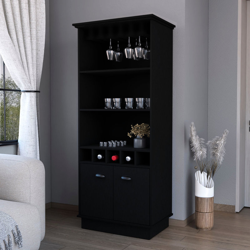 Bar noir avec étagère en verre et étagère fonctionnelle