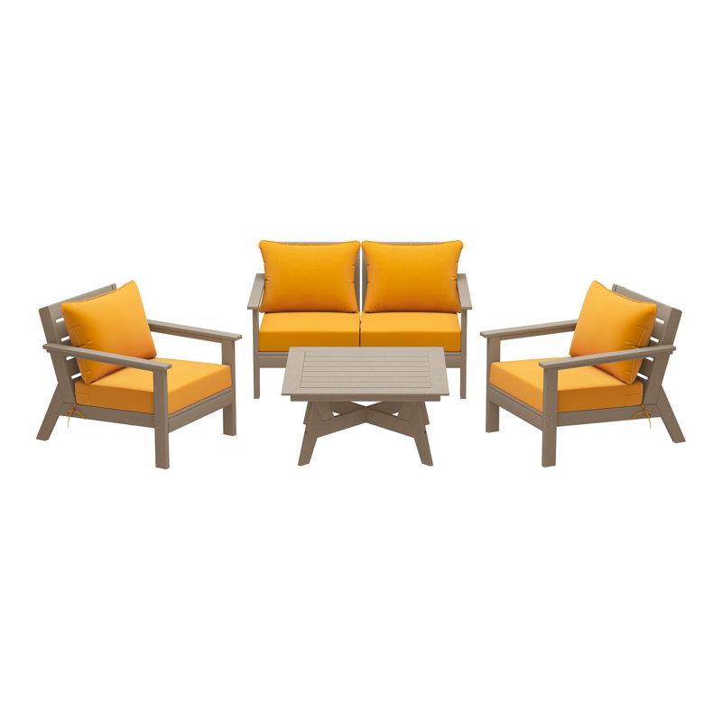 Ensemble de conversation à assise profonde 5 pièces, Noyer, Jaune