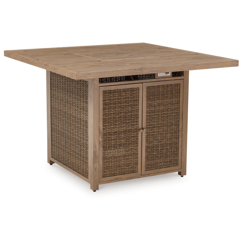 Driftwood Beige Resin Wicker Outdoor Bar Table with Fire Pit
