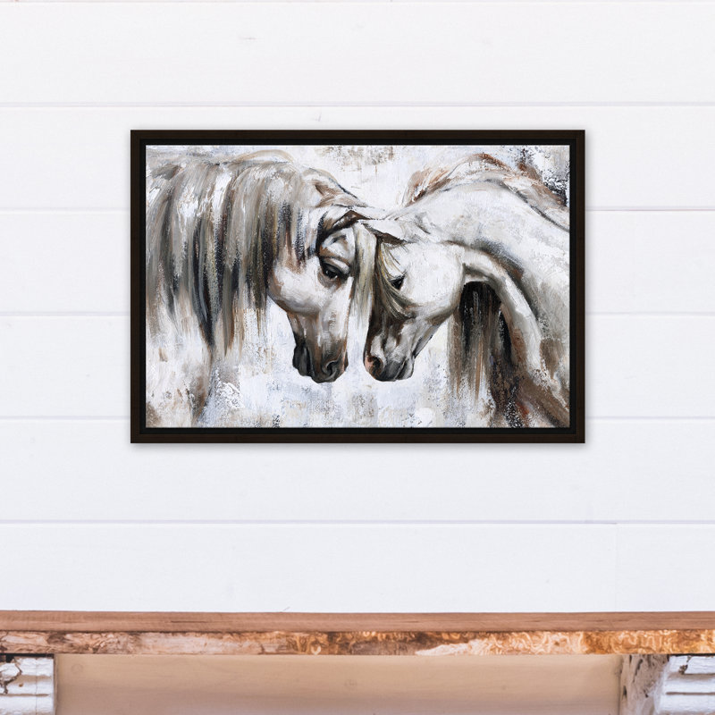 Nuzzling Horses - Peinture sur toile, H 17,75 po x l 25,75 po x P 1,75 po, Toile brune avec cadre flottant