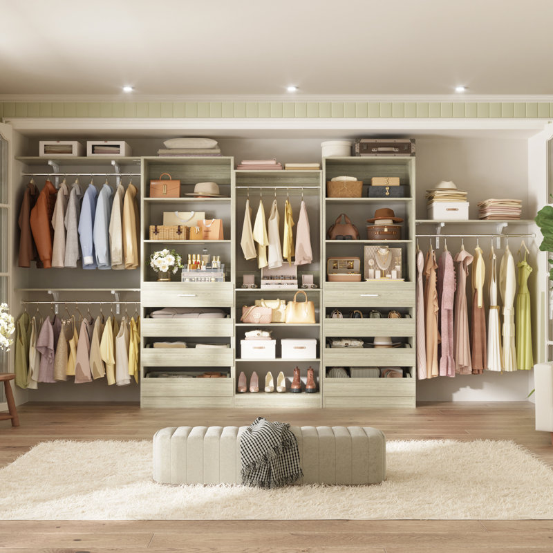 Seward Closet System With 8 Drawers, 4 Hanging Rods, Washed Oak