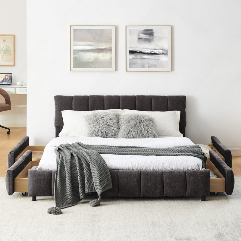 Structure de lit grand format avec rangement en chenille et tête de lit avec tiroirs sous le lit, Grand lit, Gris foncé