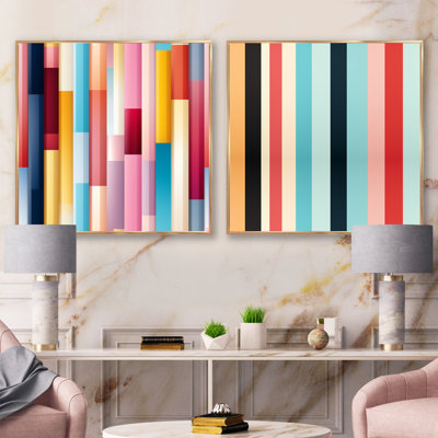 Vibrant Serenity, motif de lignes bleues et roses - formes abstraites, ensemble de 2 carrés