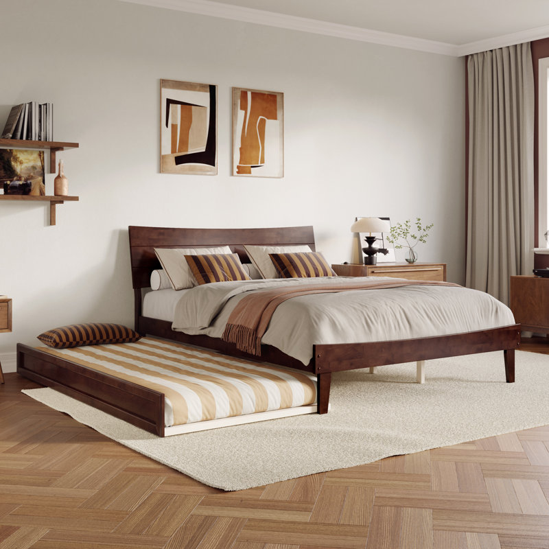 Phoenix Wood Platform Bed with Trundle, Walnut, Queen