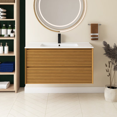 Corolla Oak Wall-Mounted Plywood Woodgrain Bathroom Vanity With With Drawers
