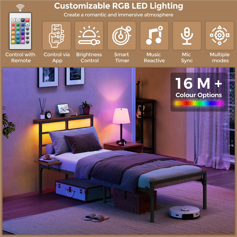 Metal Bed Frame with Charging Station & LED Headboard & Movable Storage Rack, Single (3'), Black