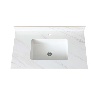 Dessus de meuble-lavabo en marbre avec trous de robinet pré-percés, comptoir de salle de bain avec lavabo central rectangulaire encastré et dosseret de 4 po de hauteur, Bianco Carrara Venato