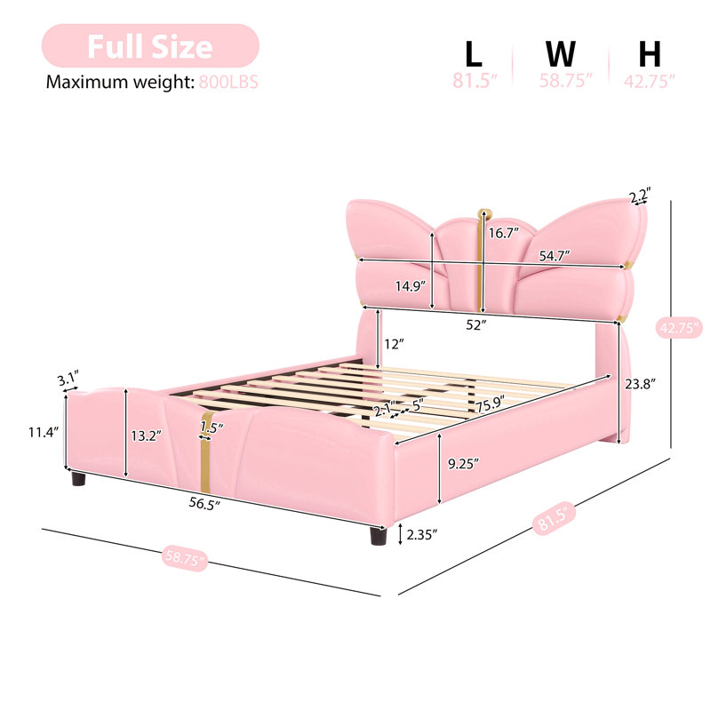 Structure de lit pleine grandeur en similicuir rembourré, avec tête et pied de lit en forme de papillon, structure de lit plateforme avec décorations en métal doré, aucun sommier nécessaire, rose clair