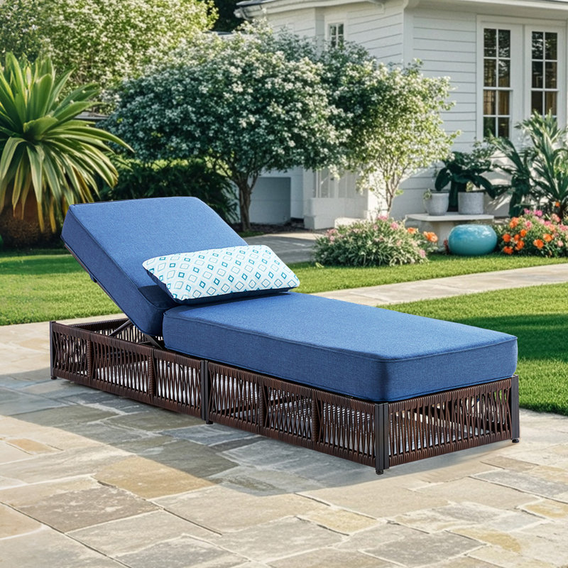 Wickes 5-Position Adjustable Outdoor Chaise Lounge With 5" Thick Cushion, Weather-Resistant Woven Rattan Patio Recliner, Blue