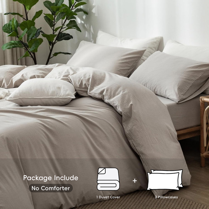 Super King Cream Gray Linen-Like Cotton Duvet Cover Set