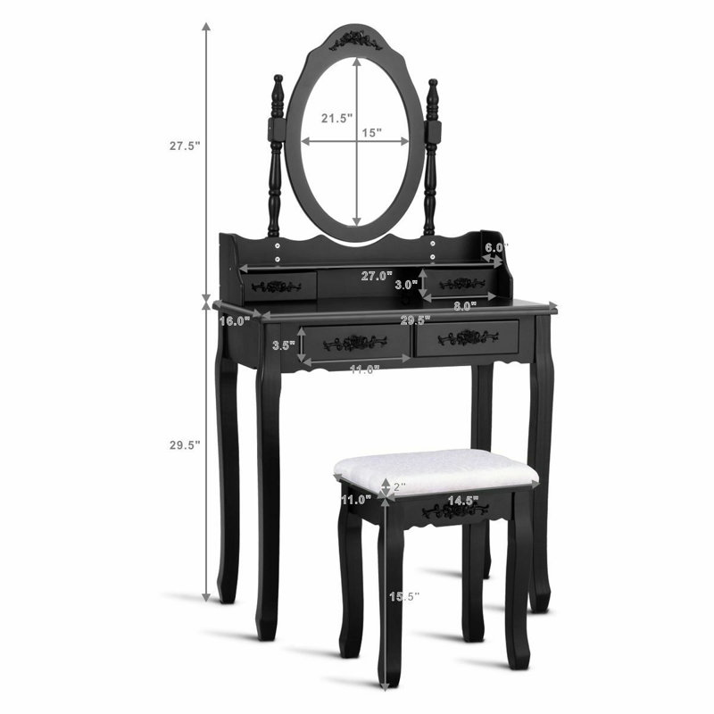 Ensemble coiffeuse avec tabouret et miroir Geoffrey, Noir
