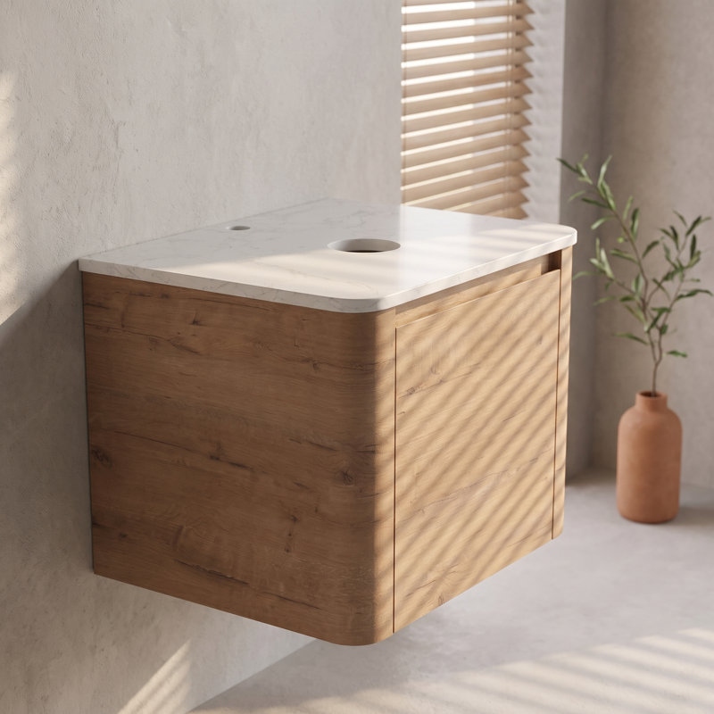 Meuble-lavabo mural simple flottant 24 po avec dalle de comptoir, base de meuble-lavabo moderne en contreplaqué incurvé en chêne naturel (lavabo non inclus)