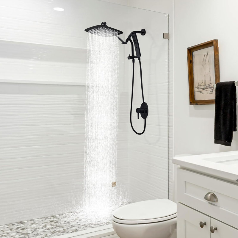 All Metal 12-Inch Rainfall Shower Combo With Handheld Wand, Adjustable Arm, And Pause Function, Matte Black