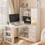 Bureau en L avec chargeur, bureau d'ordinateur avec tiroirs, bibliothèque, avec éclairage à DEL, bureau d'angle moderne, bureau à domicile, bureau d'écriture en L, bureau d'ordinateur de coin avec rangement-622596088