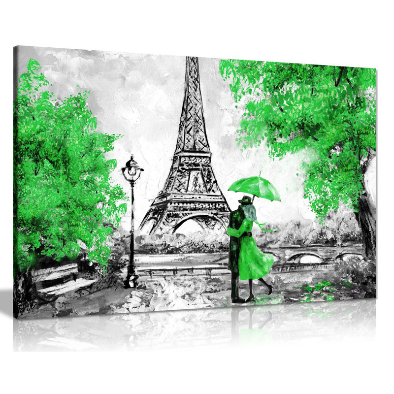 Paris Oil Painting Reproduction Eiffel Tower - Wrapped Canvas Print, Green, 51cm H x 76cm W