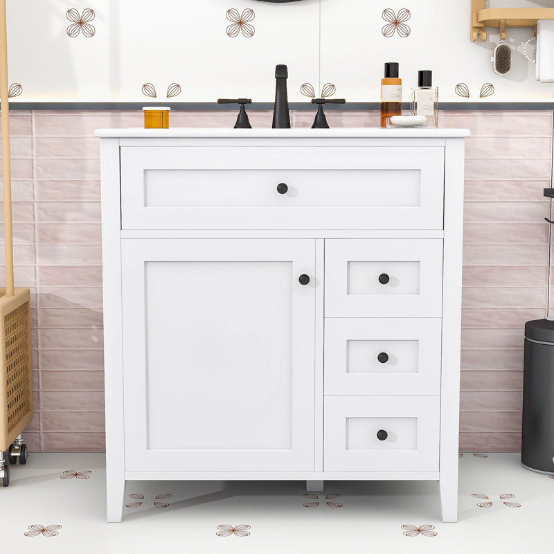 Meuble-lavabo de 30 pouces avec lavabo en céramique, 3 tiroirs de rangement et tablette réglable, Blanc