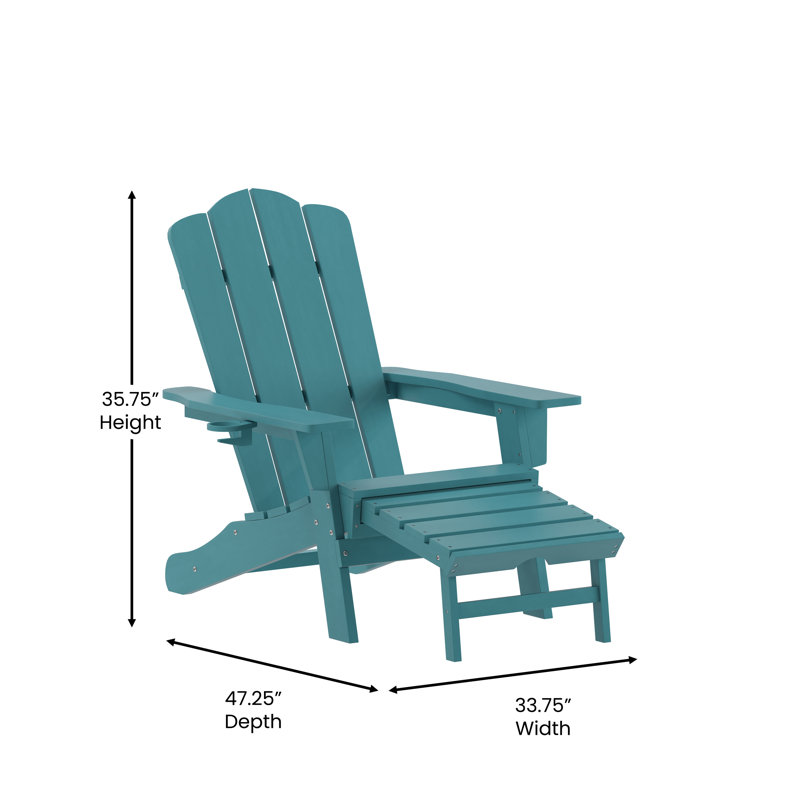 Ayleah Commercial All-Weather HDPE Adirondack Chair with Cup Holder and Pull Out Ottoman, Blue