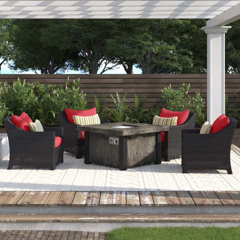 Fionnula 5 Piece Wicker Multiple Chairs Seating Group With Sunbrella Cushion Covers, Canvas Jockey Red Sunbrella® Canvas