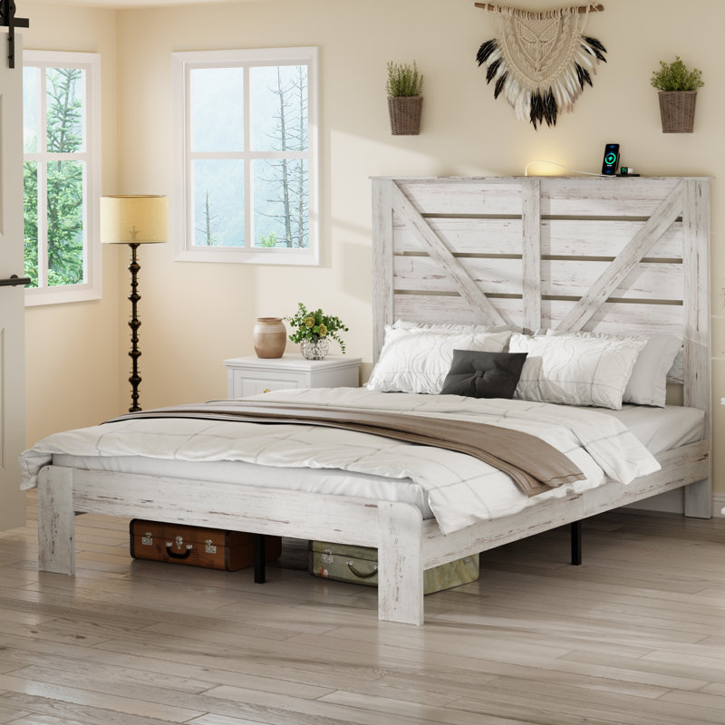 Grand lit en bois avec tête de lit haute, Blanc