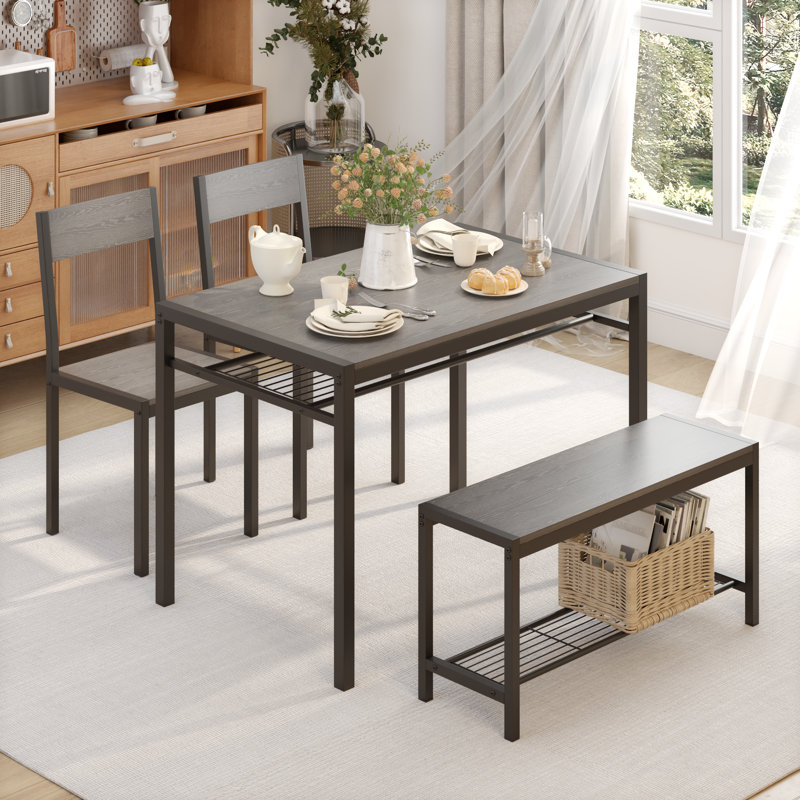4 - Piece Four Leg Dining Set, Kitchen Table With Bench And 2 Chairs, Grey