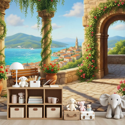 Peel and Stick Wallpaper Mediterranean Coastal Village Terrace Stone Arch Flower Vines Sea View Warm Wall Murals 100"H x 144"W Removable PVC Wall Paper Self-Adhesive Wall Decor for Bedroom Living Room Home Office