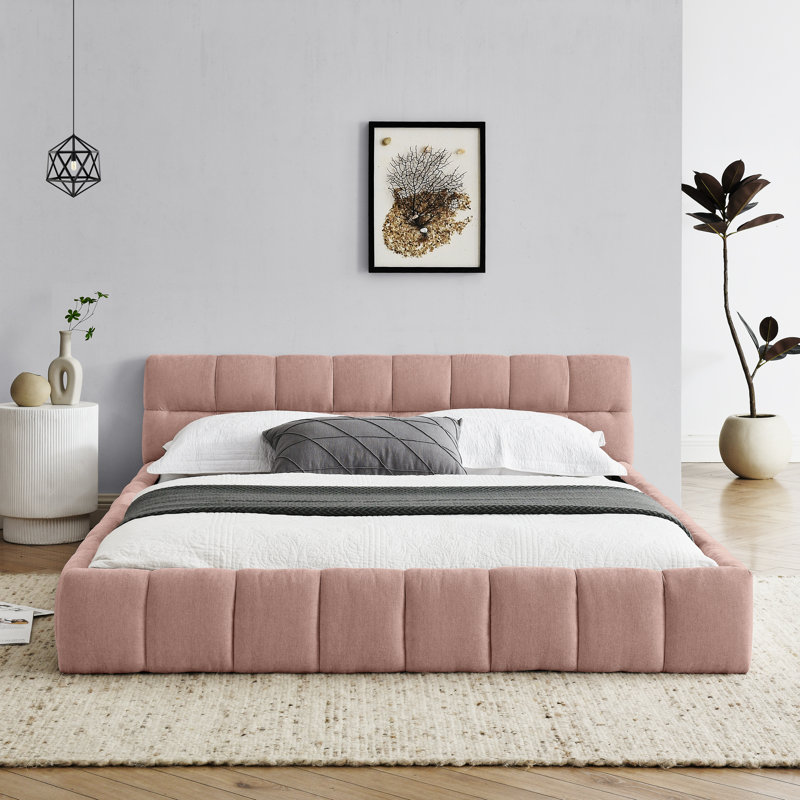 Grand cadre de lit tapissier grand avec tissu épais, lit plateforme grand format en chenille avec tête de lit et structure solide. Aucun sommier tapissier requis, rose