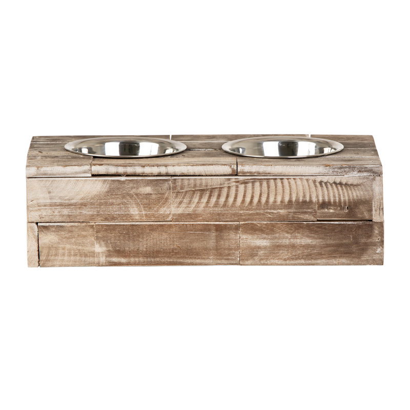 Small Natural Reclaimed Wood Elevated Pet Feeder with Stainless Steel Bowls