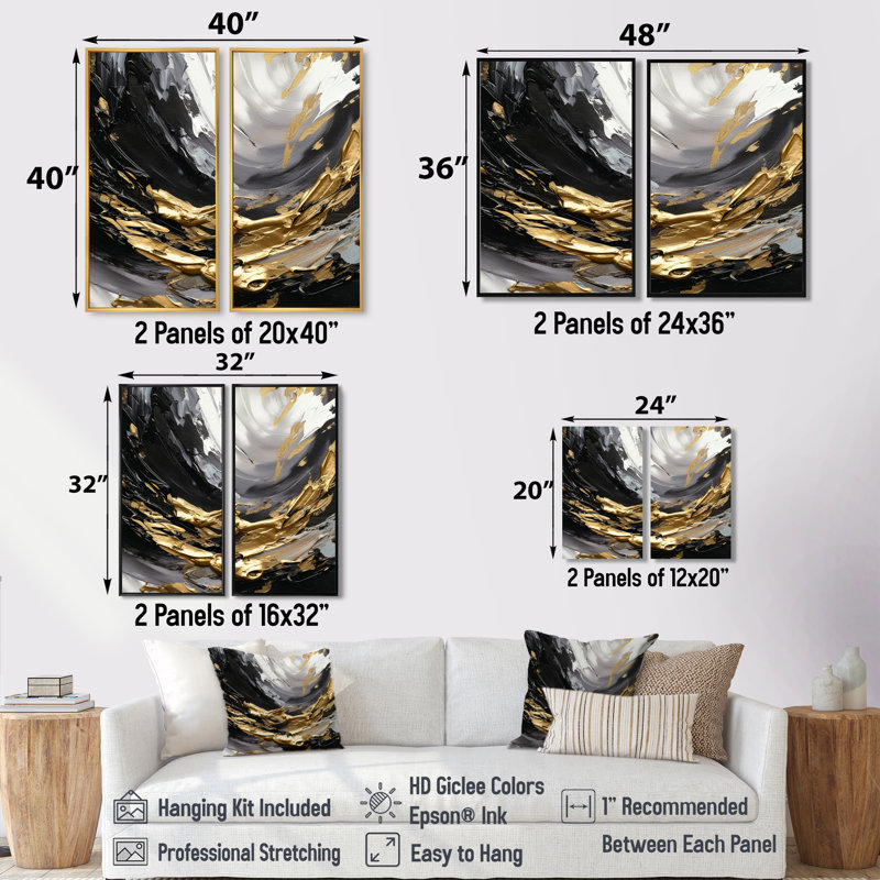 Vague dorée reflets - art mural noir, Noir, H 36 po x l 48 po, Impression encadrée flottante