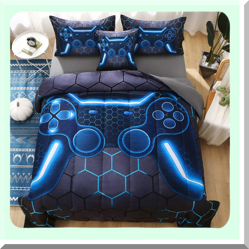 Ultimate Gamer Comforter Set - 6 Piece Bed in A Bag 3D Video Game Bedding with Blue Game Controller Design. All Season Down Alternative for Maximum Comfort.