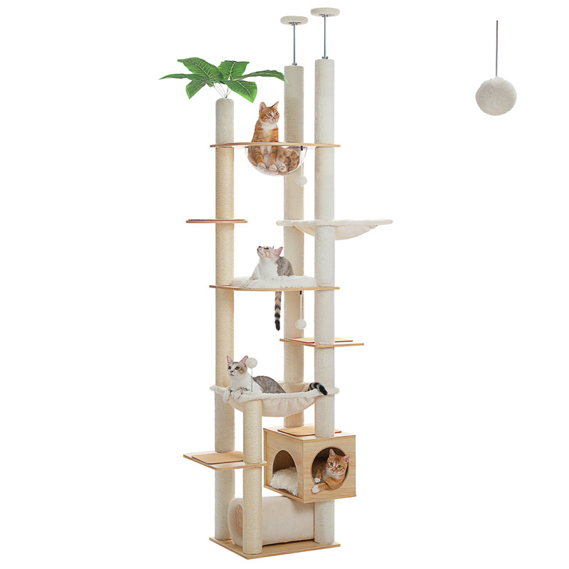 Du sol au plafond, arbre à chat, hauteur de 93,3 po à 100,8 po, tour de chat en bois à hauteur ajustable avec poteaux à griffer, condo confortable, perchoirs et grand hamac pour chats d'intérieur