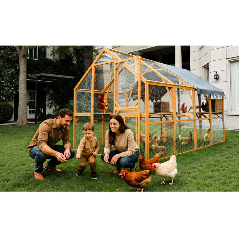 Outdoor Yellow Chicken Coop 110" Kitten Play Area, Walk - In Style With Full View Wire Mesh, Two Small Lift Doors, Waterproof Cover For All Weather Conditions Protection Activity Enclosure, Easy