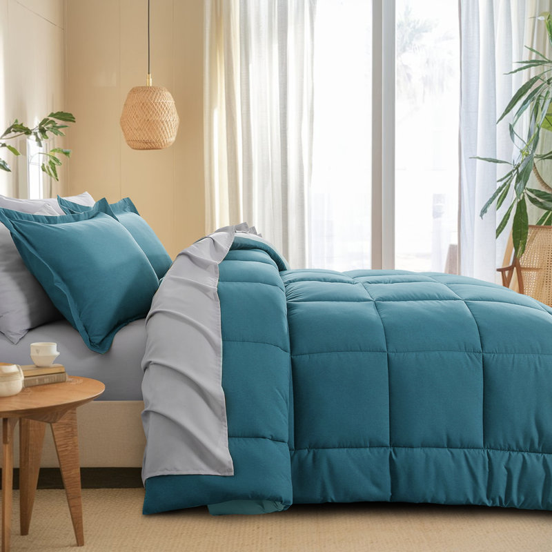 Ensemble d'édredon en microfibre 5/7-pièces , Édredon double et 6 pièces supplémentaires, Bleu sarcelle / gris clair